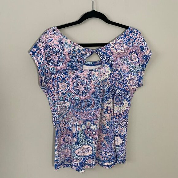 T by Talbots floral paisley crop cap sleeve wide crewneck lightweight knit top - Picture 6 of 11